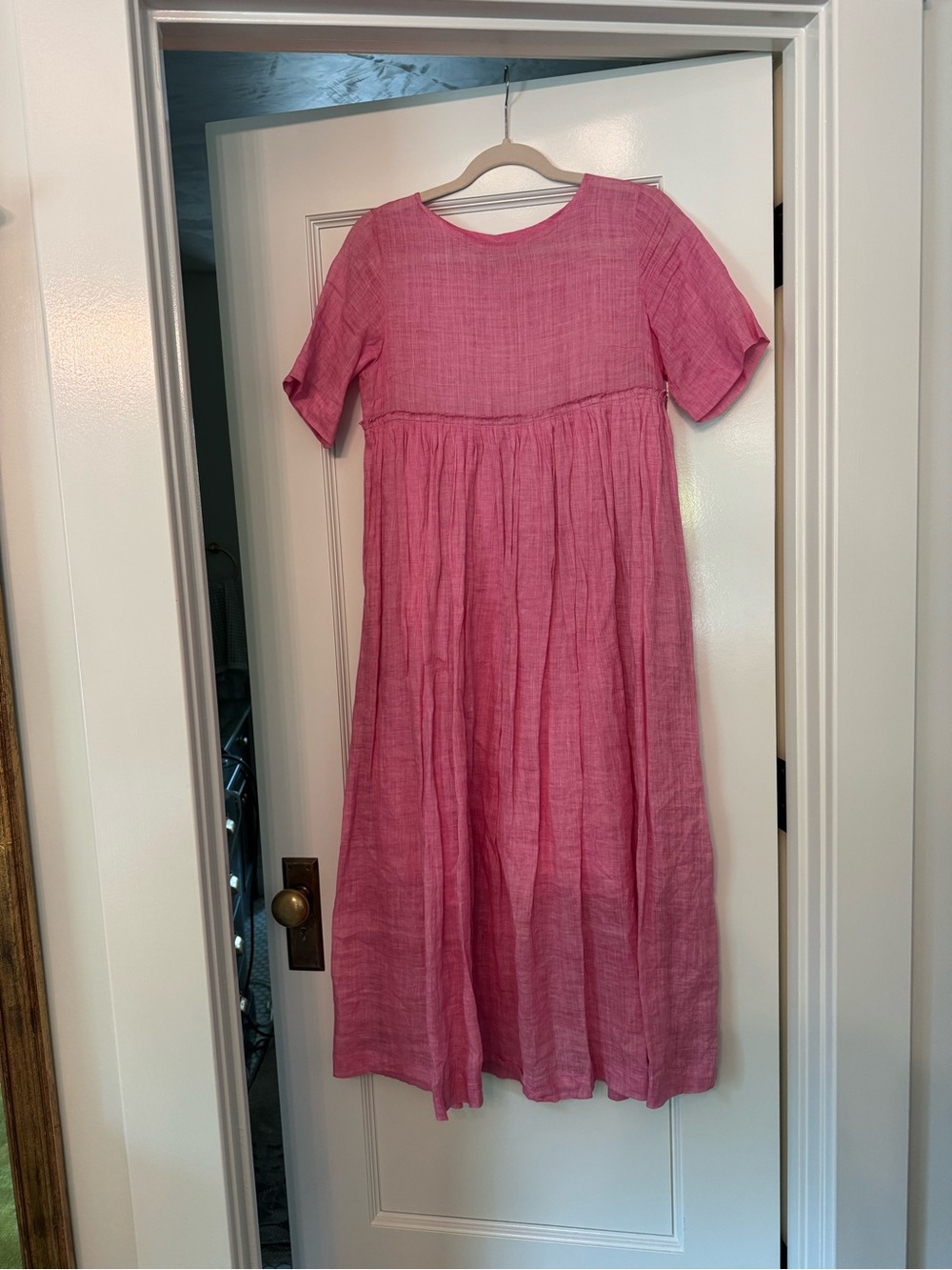 Pink empire waist pleated linen midi dress